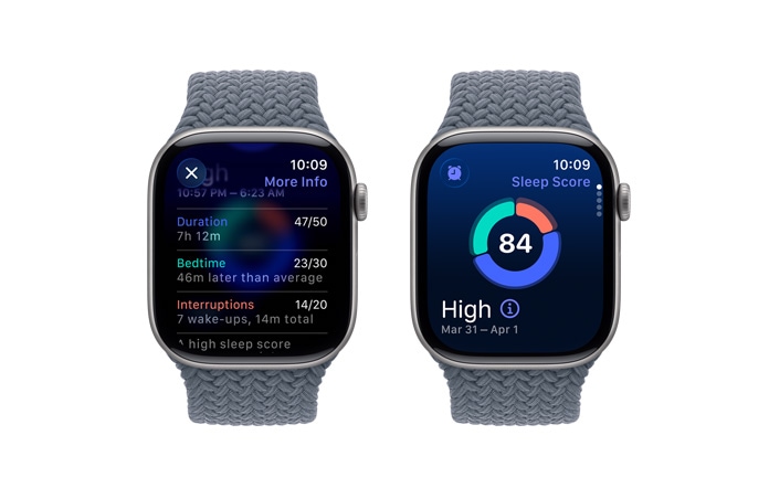 Apple Watch Series 11, цвят астро сиво, алуминиев корпус, известие за резултат от съня, дясна външна част, Digital Crown, каишка Braided Solo Loop в цвят метално синьо