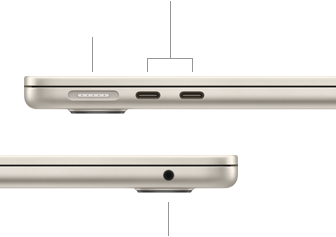 MacBook Air, затворен, лява страна, показващ MagSafe и два Thunderbolt порта, дясна страна, показващ жак за слушалки