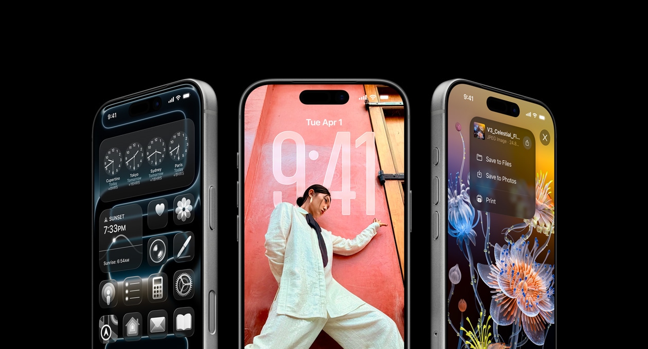 3 modely iPhonu 17 Pro, pohled zepředu, vedle sebe, ukázka aplikace Světový čas, zamknutá obrazovka v iOS 26 a ukládání z aplikace Poznámky.