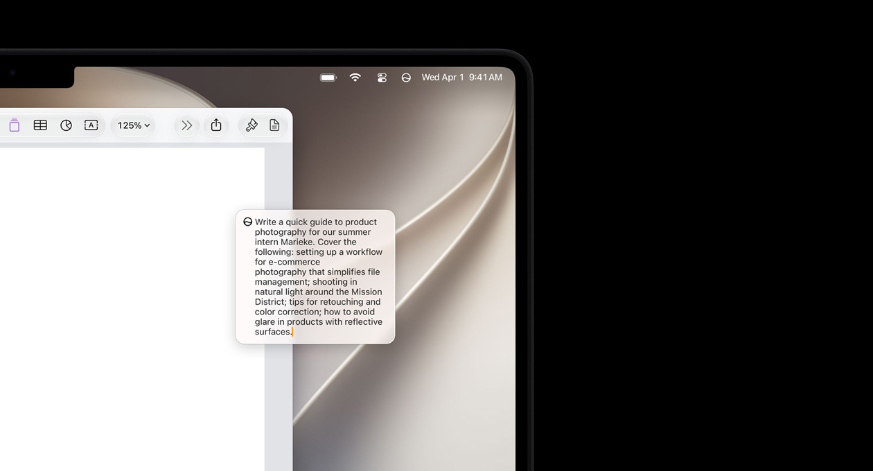 Linkerbovenhoek van een iPad met een open Pages-document, prompt om met Siri een concepttekst te schrijven