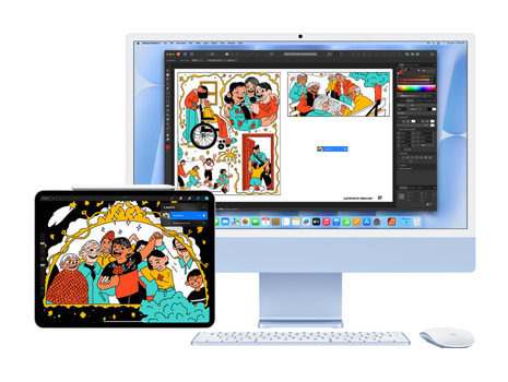 Desenho divertido em cores vivas no ecrã do iPad e do iMac. No iMac, a ilustração está inserida numa app criativa.