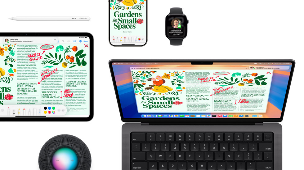 Conjunto de dispositivos, incluindo iPad, iPhone, Apple Watch e Mac, todos com o mesmo conteúdo.