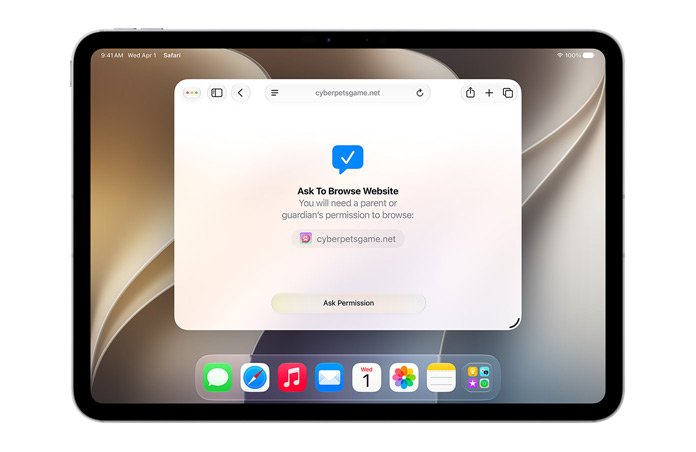 iPad, der viser brugerfladen for Bed om at gennemse, med en besked til brugeren om, at vedkommende skal have tilladelse til at browse, samt knappen “Bed om tilladelse” nedenfor.