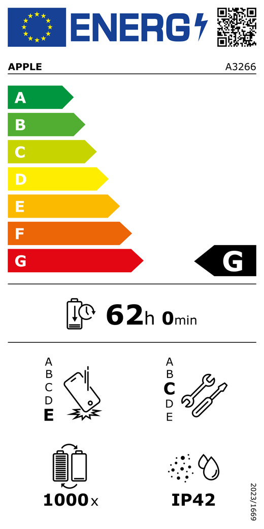 EU-energimærke, QR-kode og information, Apple-model A3266, klasse G, energieffektivitetsklasser (med en skala fra A til G), A (mest effektiv) til G (mindst effektiv), batteriholdbarhed pr. cyklus: 62 timer og 0 minutter pr. fuld batteriopladning, klasse E for holdbarhed ved gentagne frie fald, A (mest robust) til E (mindst robust), klasse C for reparerbarhed, A (mest reparerbar) til E (mindst reparerbar), batteriholdbarhed på 1000 cyklusser, IP-klassificering for støv- og vandbeskyttelse: IP42, forordning 2023/1669