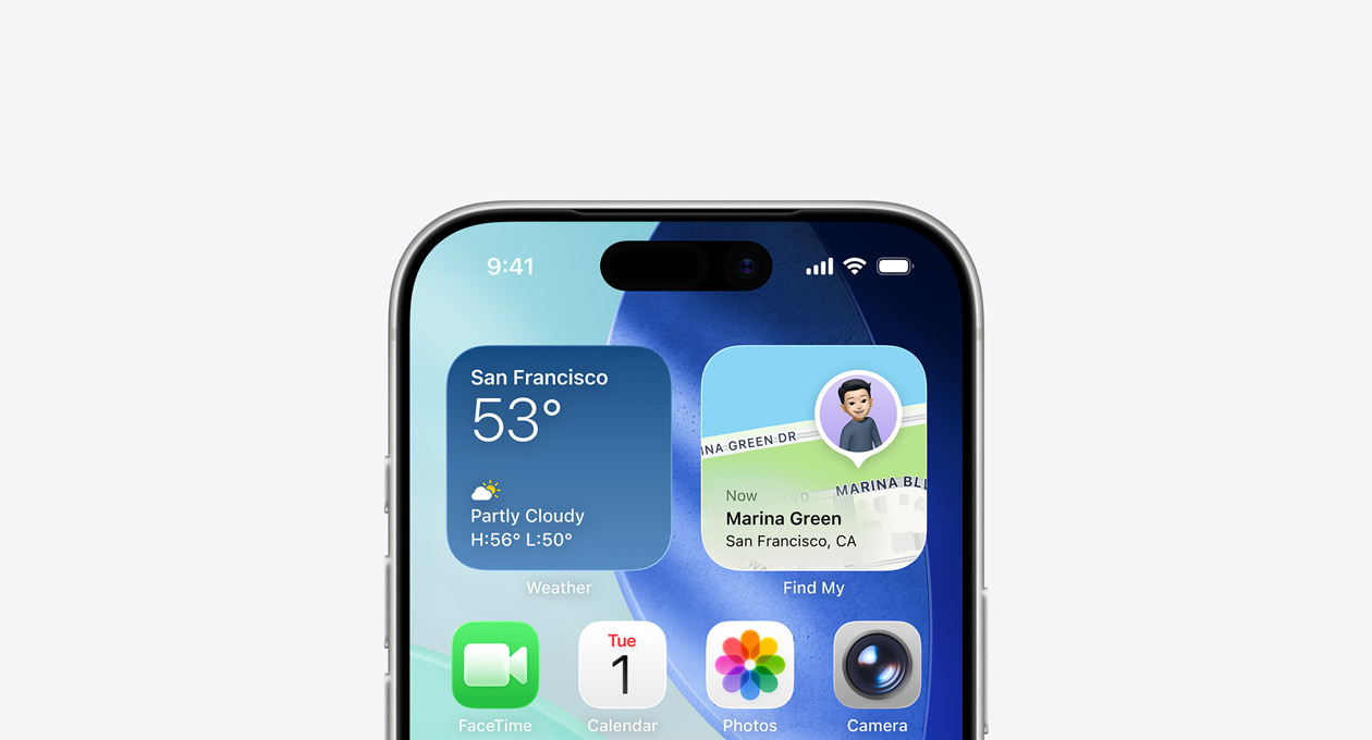 iPhone, näytön yläosassa näkyvässä Koti-valikossa on Sää- ja Etsi-widgetit ylärivillä
