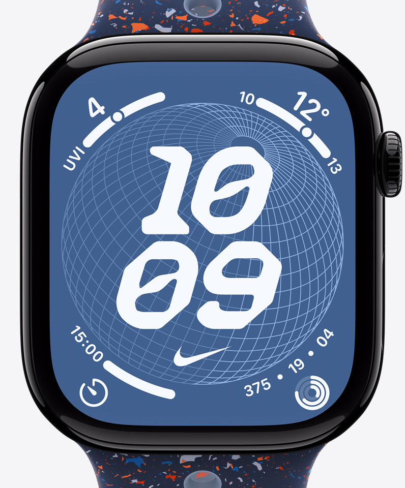 Nike Globe számlap, pontos idő, Nike Swoosh logó, komplikációk: UV-index, időjárás, időzítő, Tevékenységgyűrűk
