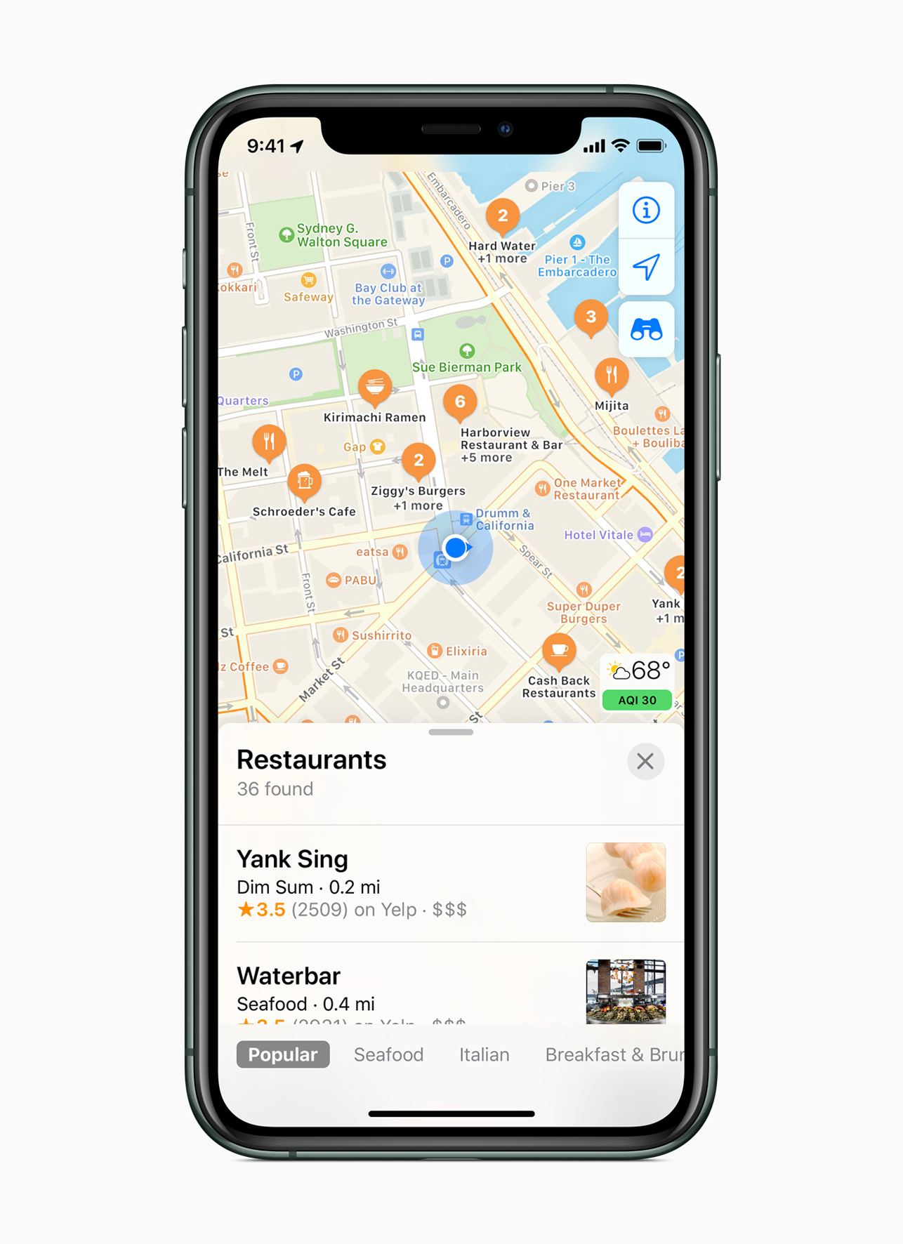 A new Maps screen displaying nearby restaurants on iPhone 11 Pro.