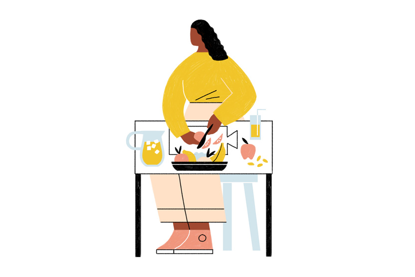 Ilustración de una mujer que come sentada.
