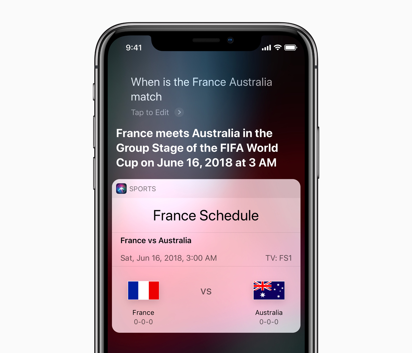 Siri responding a request for the France World Cup schedule on an iPhone X