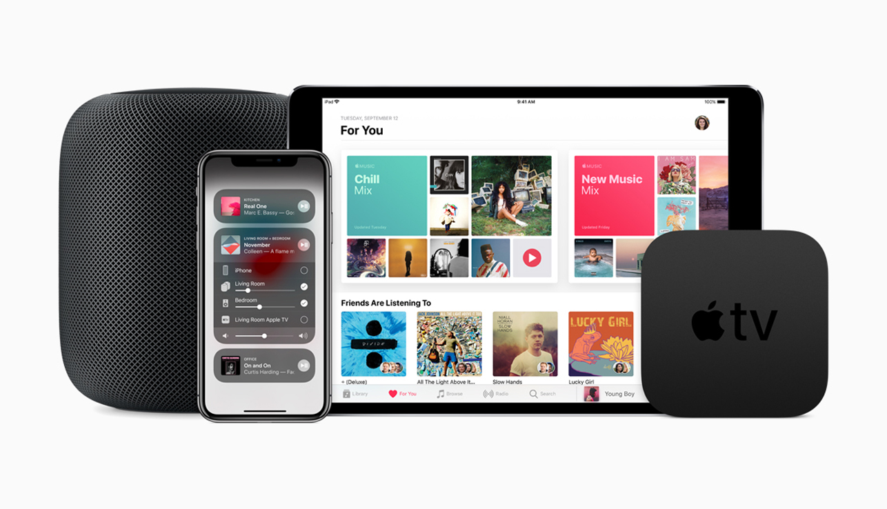 HomePod, iPhone X, iPad and Apple TV lined up.
