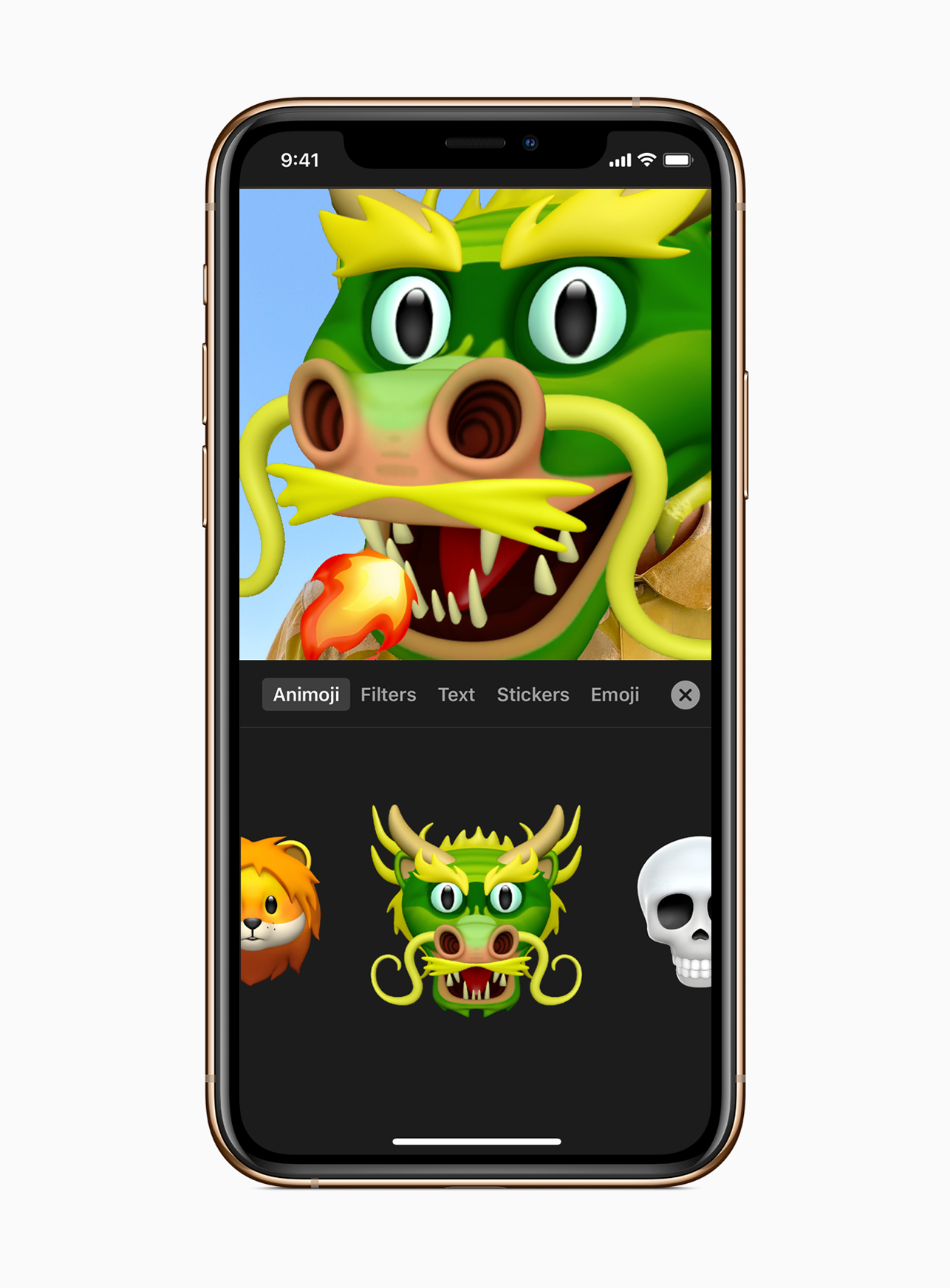 A dragon Animoji in Clips on iPhone 11 Pro.
