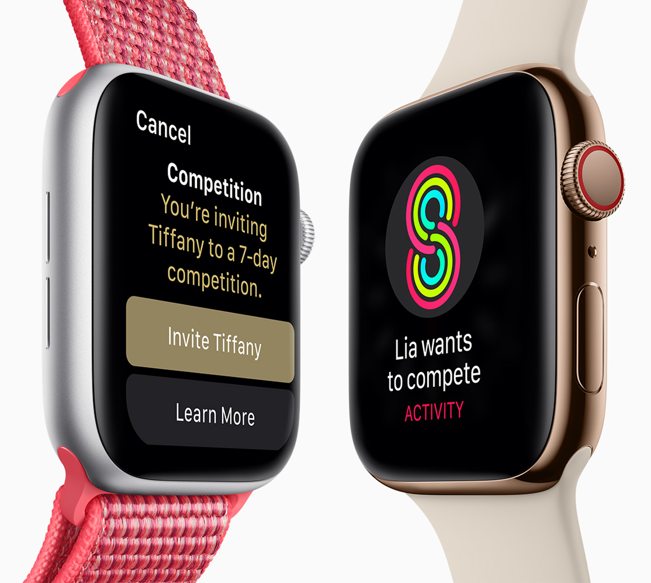 Two Apple Watch Series 4 side by side, showing one user challenging a friend to a competition.