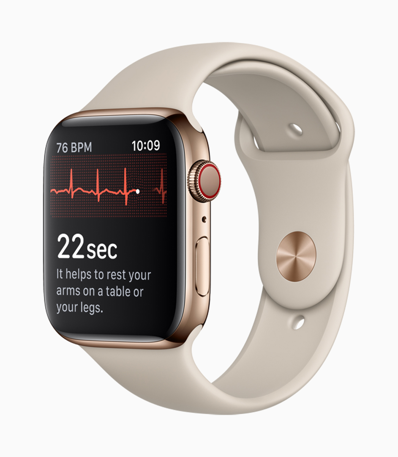 A gold Apple Watch Series 4 showing an ECG reading.