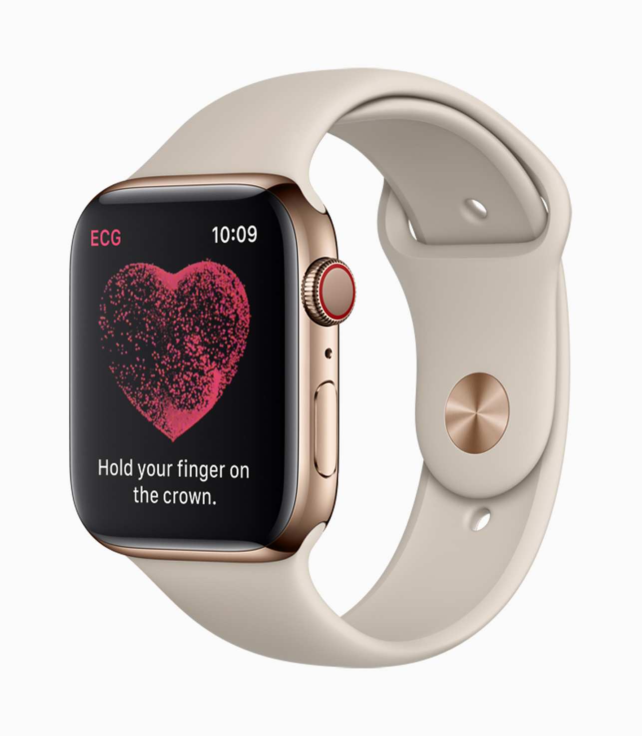 Apple Watch Series 4 screen instructing the wearer on how to take an ECG using the Digital Crown.