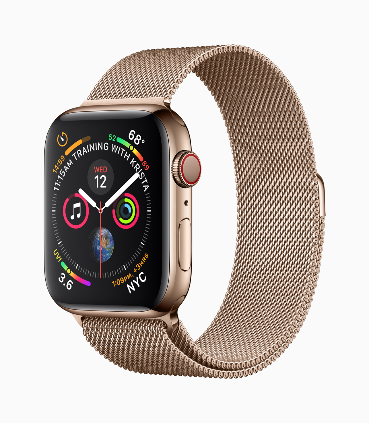 A profile shot of the new gold stainless steel Apple Watch Series 4 and matching Milanese band.