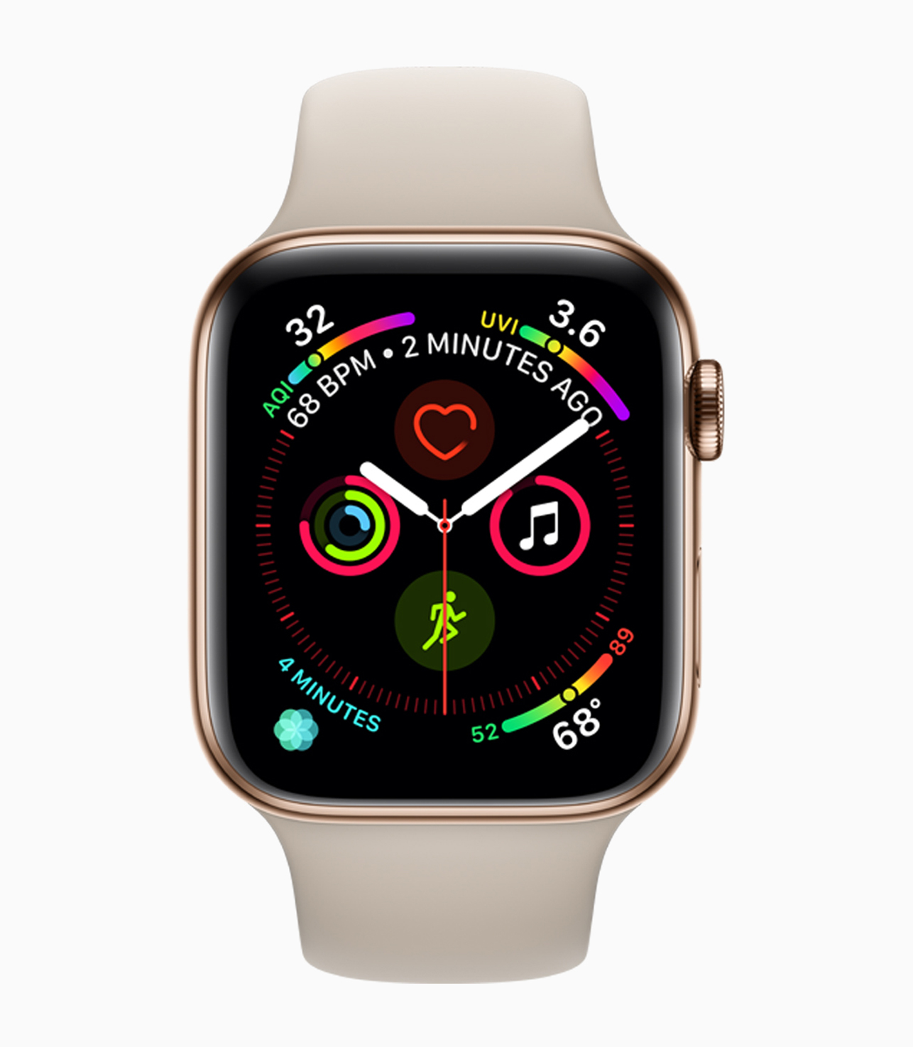 Apple Watch Series 4 display, showcasing larger app icons, buttons and fonts.