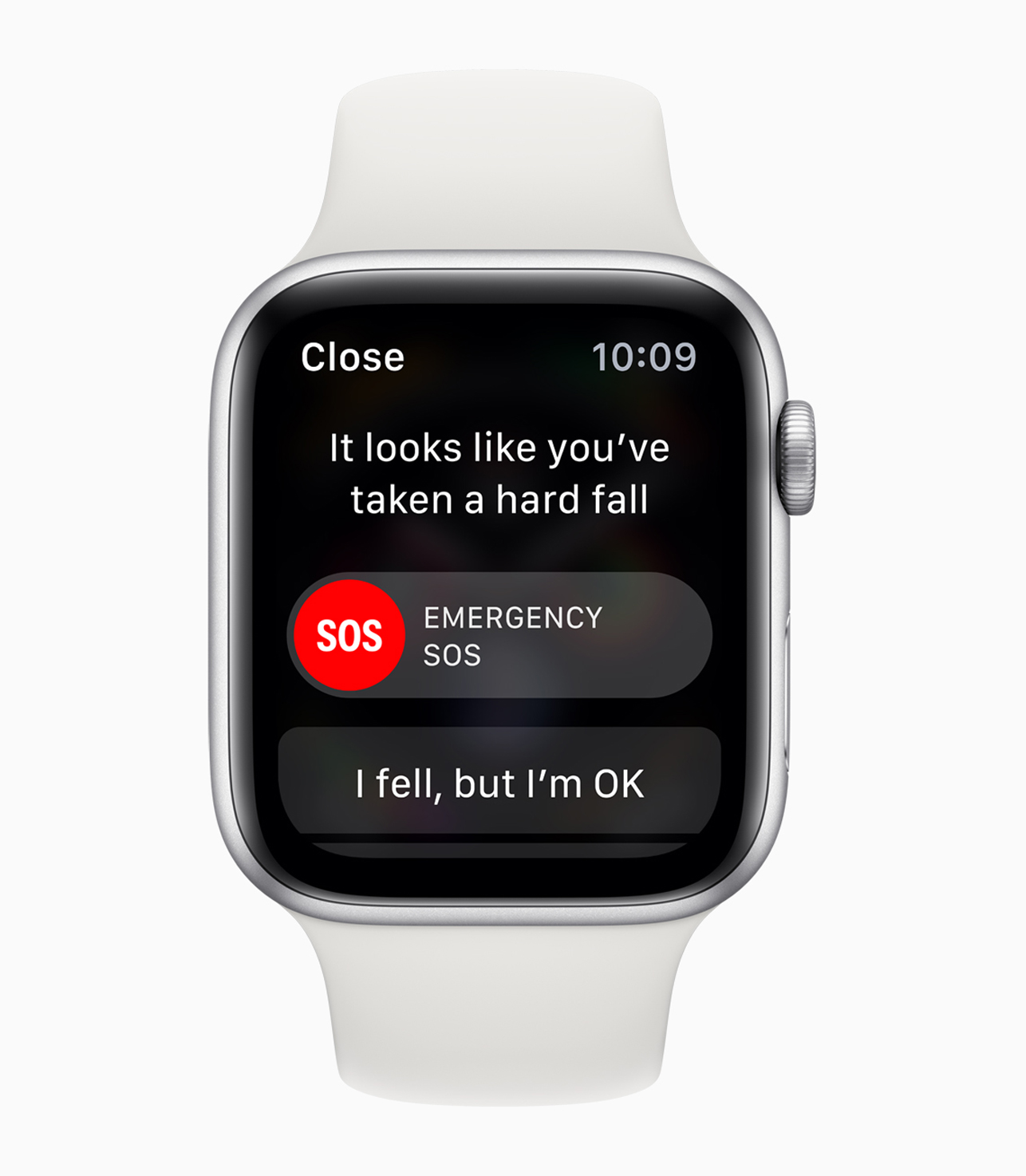 A photo of the fall detection alert on a silver Apple Watch Series 4.