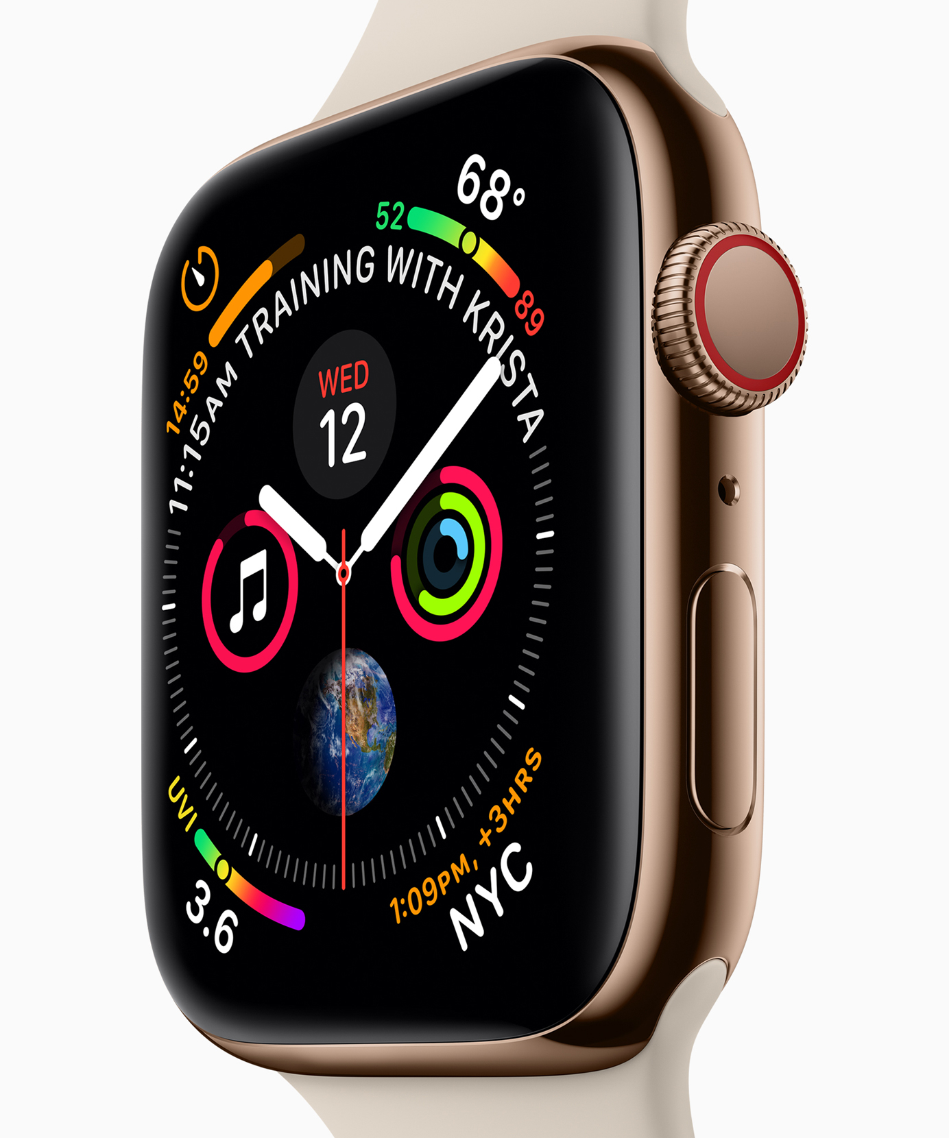 A close-up of the Apple Watch Series 4 watch face and the new Digital Crown.