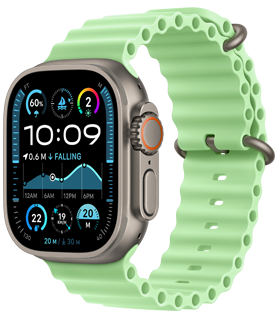 Apple Watch Ultra 3, culoare natural, carcasă din titan, cadran Orientare, complicații: vremea, locul în care este parcată mașina și distanța până la suprafață, partea exterioară dreaptă, Digital Crown, microfon, buton lateral, curea Oceanică, culoare Verde neon