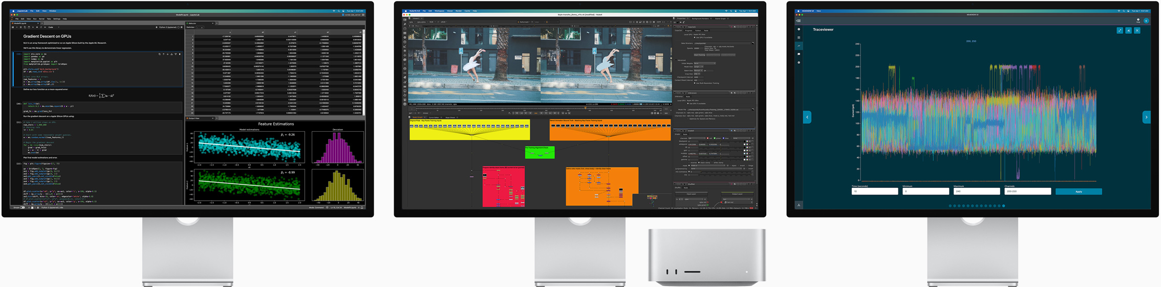 Mac Studio й три монітори Studio Display, на кожному з яких відкрито різні додатки macOS