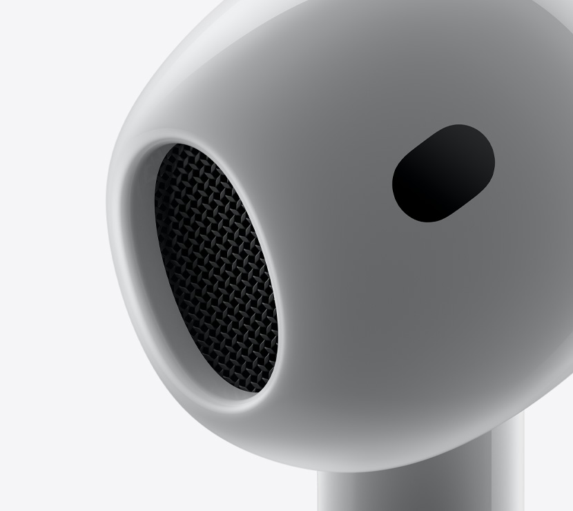 Prim-plan al secțiunii conice auriculare a unei căști AirPods 4.