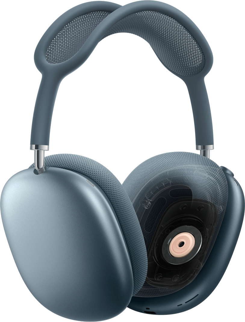 Sinises toonis AirPods Max 2 kõrvaklapid, külgvaade, üks kõrvapadi koos läbilõikega dünaamilisest draiveritehnoloogiast