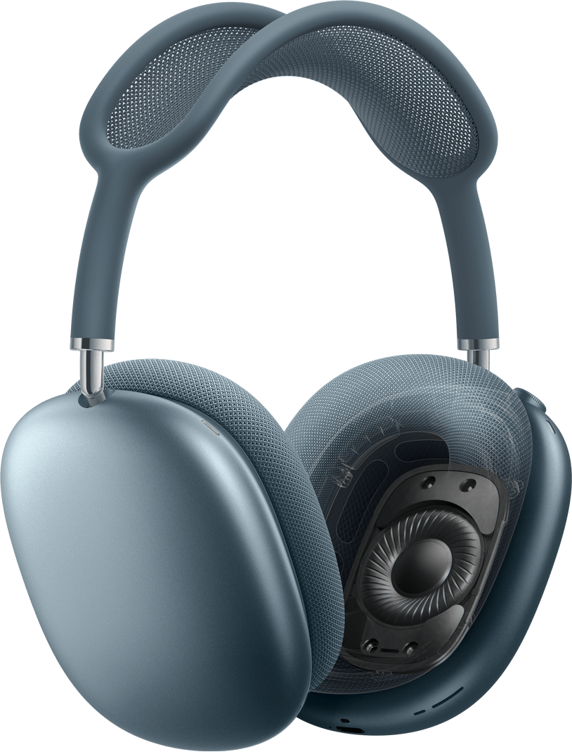 Sinises toonis AirPods Max 2 kõrvaklapid, külgvaade, üks kõrvapadi koos läbilõikega dünaamilisest draiveritehnoloogiast