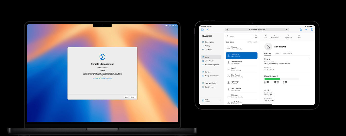 Mac, iPhone e iPad com uma app de gestão de recursos no ecrã.