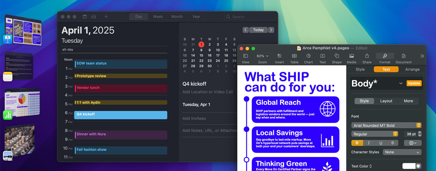 Várias apps abertas no ecrã, incluindo Calendário e Pages. No lado esquerdo, encontram‑se outras apps iOS.