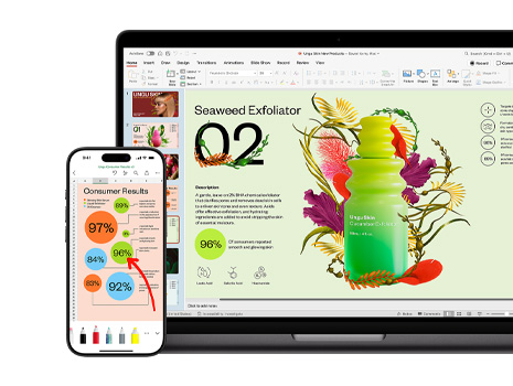 Mac e iPhone com diferentes secções de uma apresentação alegre e colorida sobre um produto de cuidados para a pele.