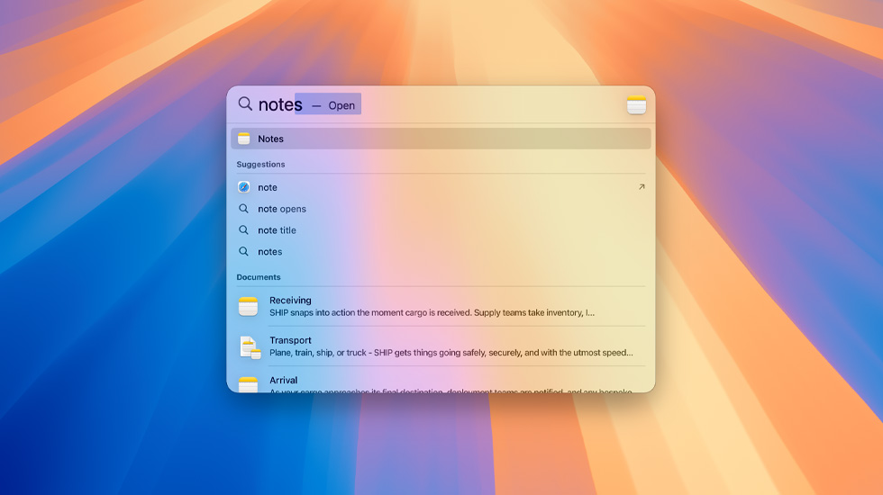 Pesquisa da app Notas no Spotlight.