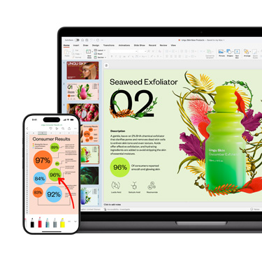 Egy Mac és egy iPhone elölnézetből, a képernyőn és a kijelzőn egy bőrápolási terméket bemutató, élénk és színes prezentáció különböző részletei.