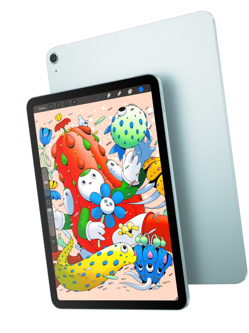 Vorderansicht eines iPad Air, die das 11" Modell mit der Procreate App zeigt, dahinter die Rückseite eines iPad Air in Blau
