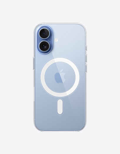 iPhone 17, face arrière, coque transparente avec MagSafe, système à deux caméras Fusion dans le coin supérieur gauche