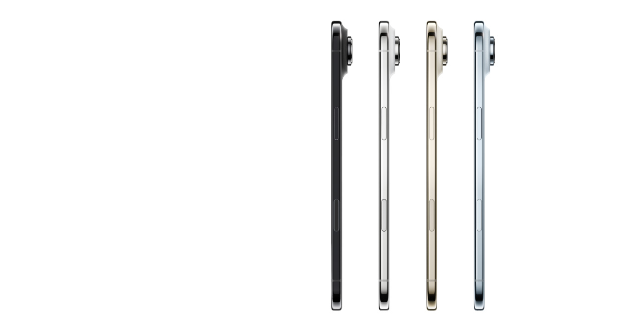 iPhone Air, Seitenansicht, Farben: Himmelblau, Lichtgold, Wolkenweiß und Space Schwarz, sehr dünnes Profil, Fusion Kamera-System, Tasten: Seitentaste, Kamerasteuerung
