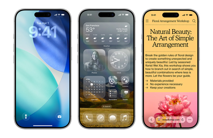iPhone-laitteet vierekkäin, näkyvillä iOS:n erilaisia uusia design-elementtejä, kuten lukittu näyttö läpikuultavalla Liquid Glass -kellonajalla ja Koti-valikko läpikuultavilla Liquid Glass -appikuvakkeilla