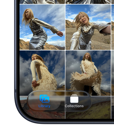 iPhone 螢幕的左下位置，畫面是相片 app 內的方形顯示，當中可見採用全新 Liquid Glass 設計的圖庫分頁和選集分頁。