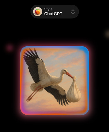 Image Playground dengan menu dropdown di bagian atas yang bertuliskan Style: ChatGPT, gambar bangau terbang yang membawa bayi dalam bundel