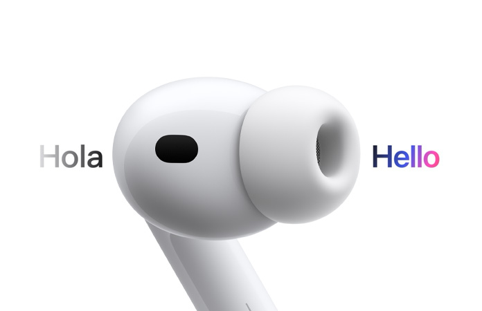 AirPods Pro 3 耳筒展示即時翻譯功能，將西班牙文翻譯成英文。