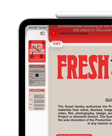 iPad, orientasi lanskap, Apple Pencil terpasang secara magnetis di bagian atas, bagian kiri atas layar menampilkan PDF di aplikasi Pratinjau