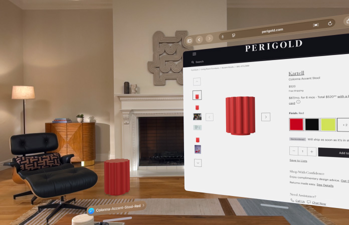 صفحة تسوّق في سفاري تعرض كرسي Kartell Colonna Accent Stool للبيع يطفو في غرفة، ونموذج ثلاثي الأبعاد من الكرسي يظهر على الأرض في الغرفة