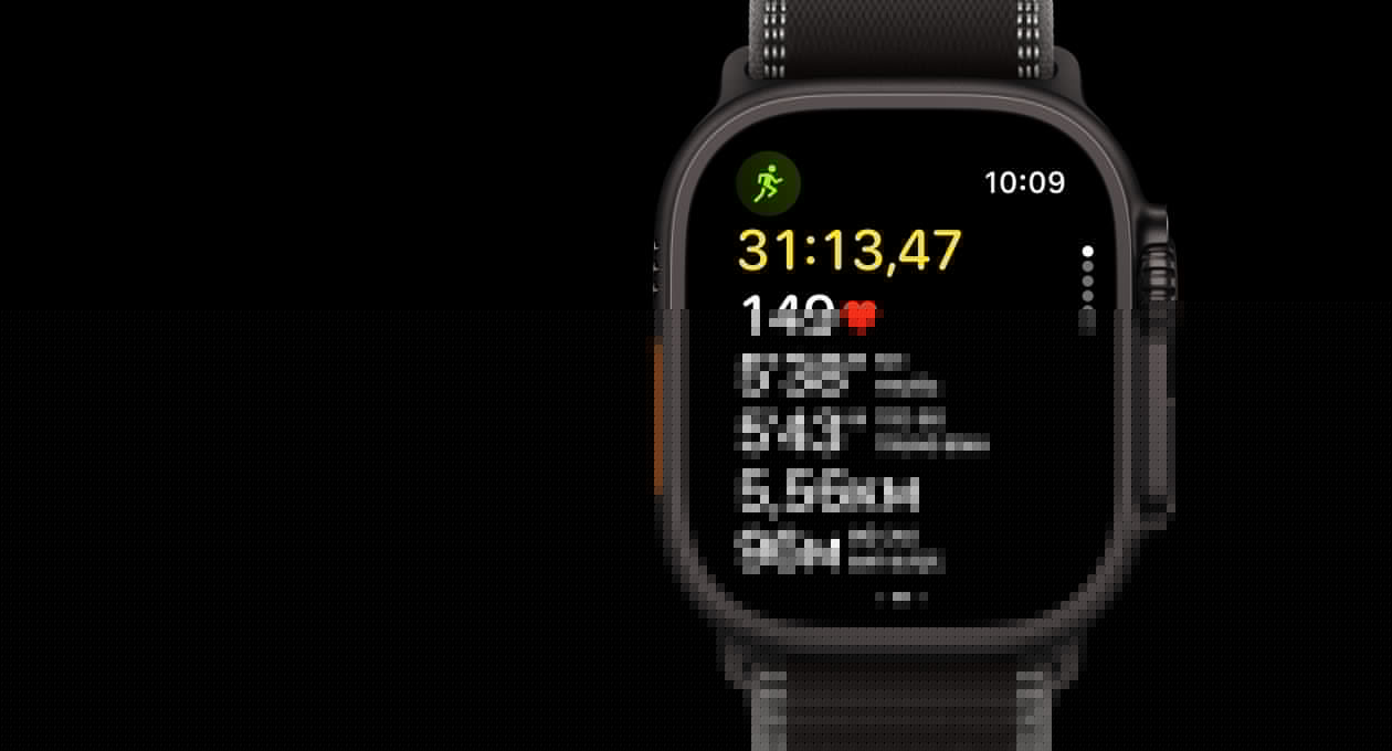 Apple Watch Ultra 3, black color, titanium case, Workout app, Outdoor Run, left side exterior, Action button, right side exterior, Digital Crown, side button, band, Trail Loop, black/charcoal color